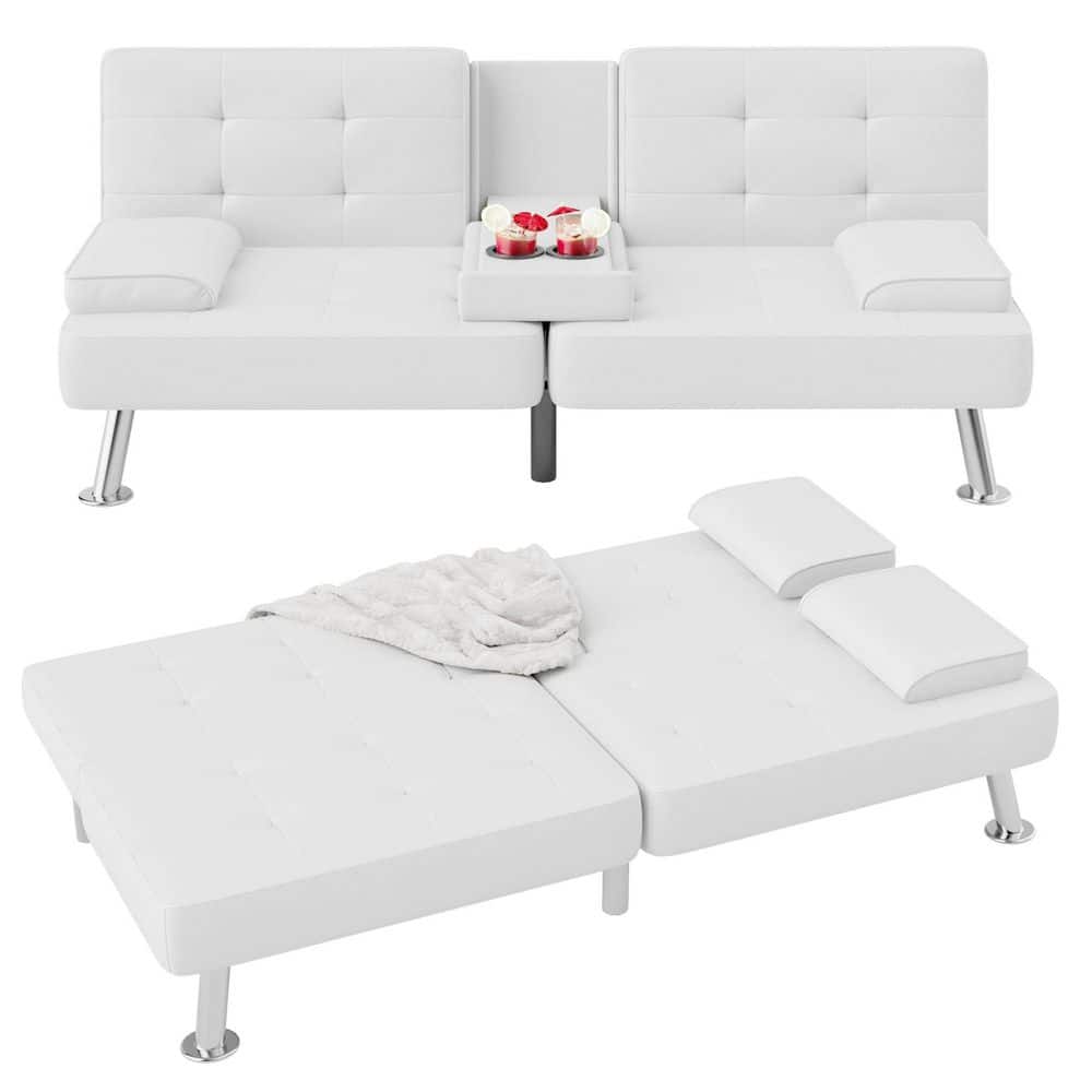 Folding Futon Sofa Bed with 2 Cup Holders, Removable Armrests for Living Room, White price history on PriceWatchPro