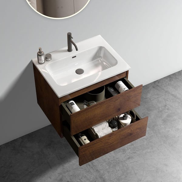 24 in. Floating Single Sink Walnut Bath Vanity with White Ceramic Top