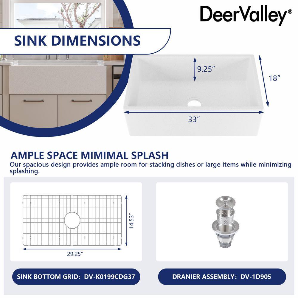 Gritty White Concrete Farmhouse Kitchen Sink with Stainless Steel Grid