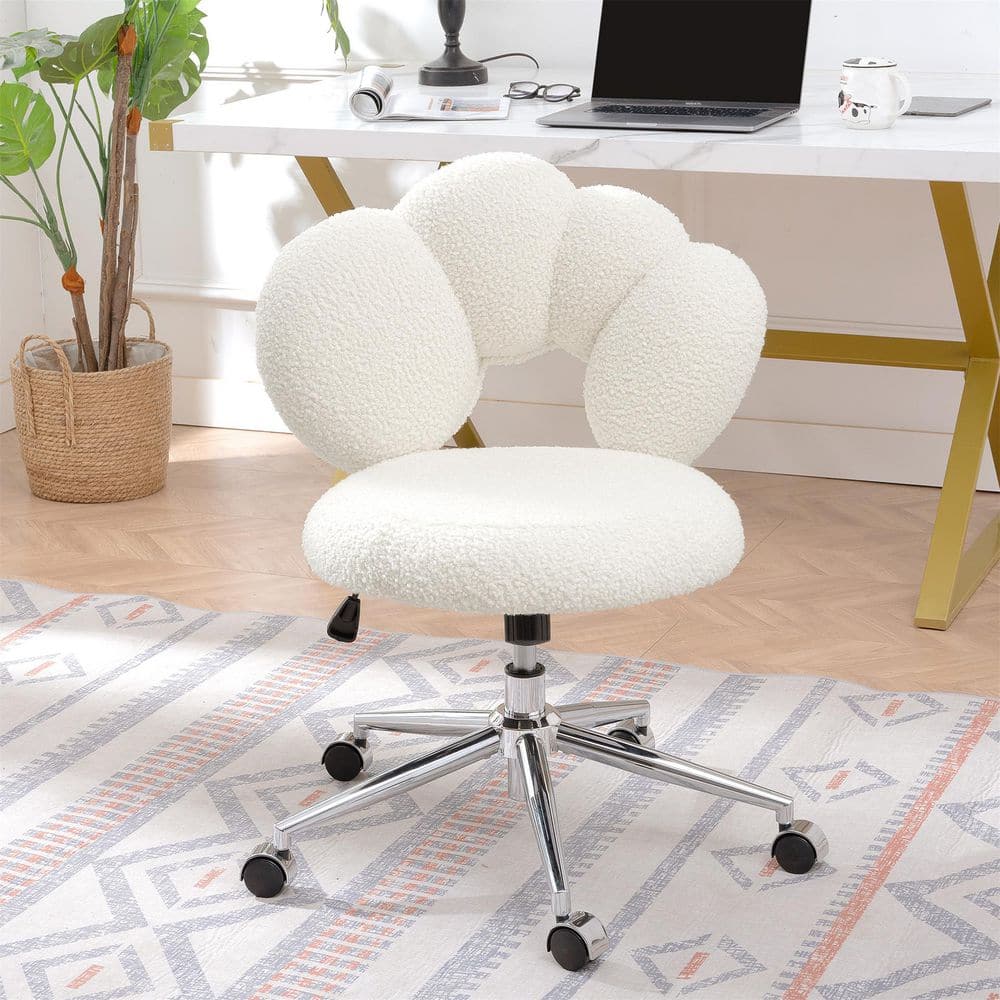 Teddy Desk Chair Shearling Fabric Adjustable Swivel Office Chair Task Chair in White with Silent Swivel Wheels
