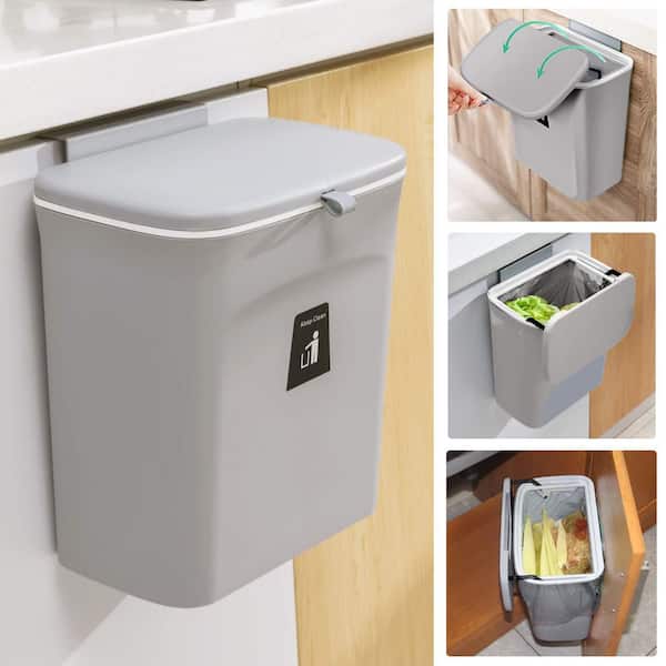 2.4 gal. Hanging Small Compost Bin Trash Can with Lid for Bathroom Office Kitchen Counter Top or under Sink, Gray