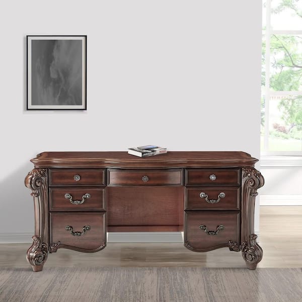Benjara 1-Piece Cherry Brown Makeup Vanity Desk with Scrolled Poster Legs