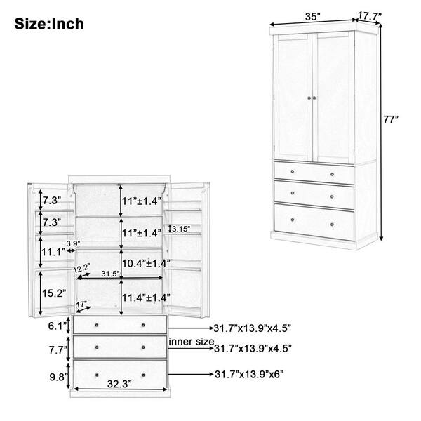 Adrinfly 35 in. W x 17.7 in. D x 77 in. H in Cream MDF Ready to Assemble Kitchen Cabinet with 3 Adjustable Shelves and 3-Drawers