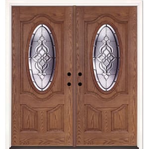 74 in. x 81.625 in. Lakewood Patina 3/4 Oval Lite Stained Medium Oak Right-Hand Fiberglass Double Prehung Front Door