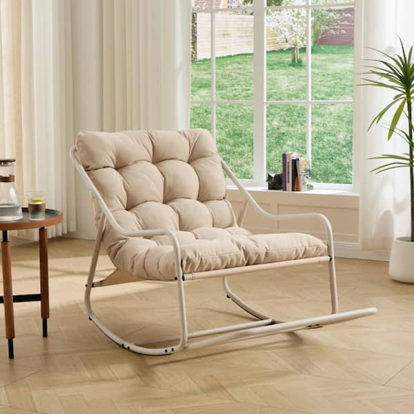 Beige Outdoor Rocking Chair with Soft Thick Cushion and Beige Frame for ...