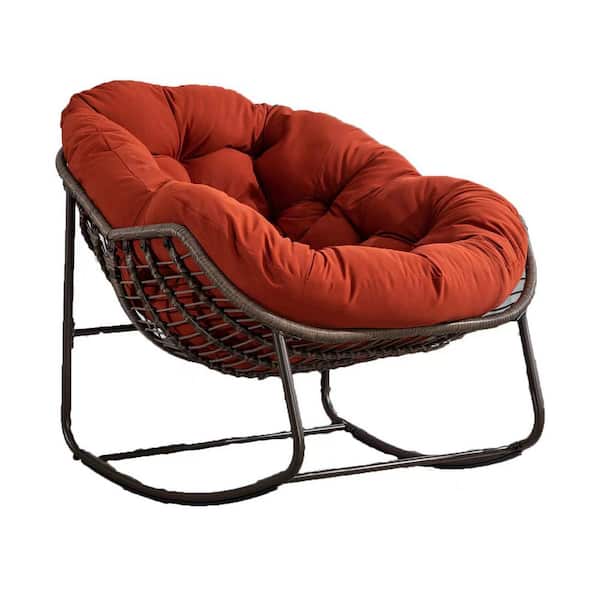 Unbranded Wicker Outdoor Rocking Chair,Rocker Recliner Chair with Orange Padded Cushion for Front Porch,Living Room,Patio,Garden