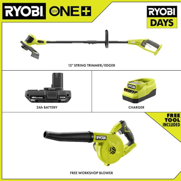 ONE+ 18V 13 in. Cordless Battery String Trimmer with  2.0 Ah Battery, Charger, and FREE Cordless Compact Workshop Blower