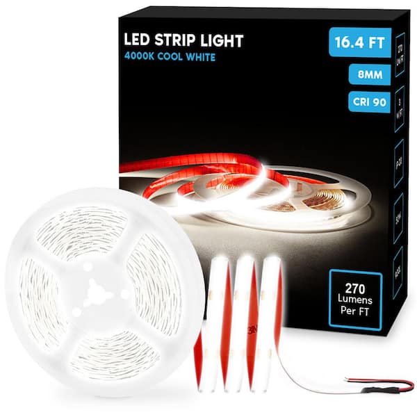 LUXRITE 16.4 ft. 50-Watt Equivalent Integrated LED White Strip Light Fixture 4000K, 8mm, 270 Lumens/FT, Cut to Length