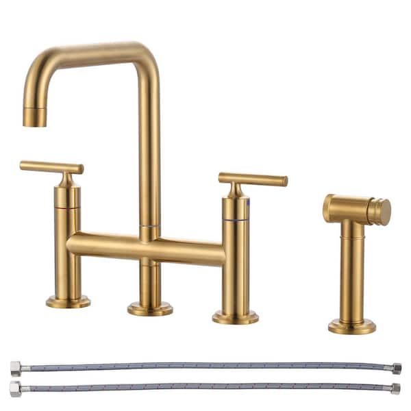 Double Handle 4-Hole High Arc Widespread Brass Bridge Kitchen Faucet with Pull Out Side Spray in Brushed Gold