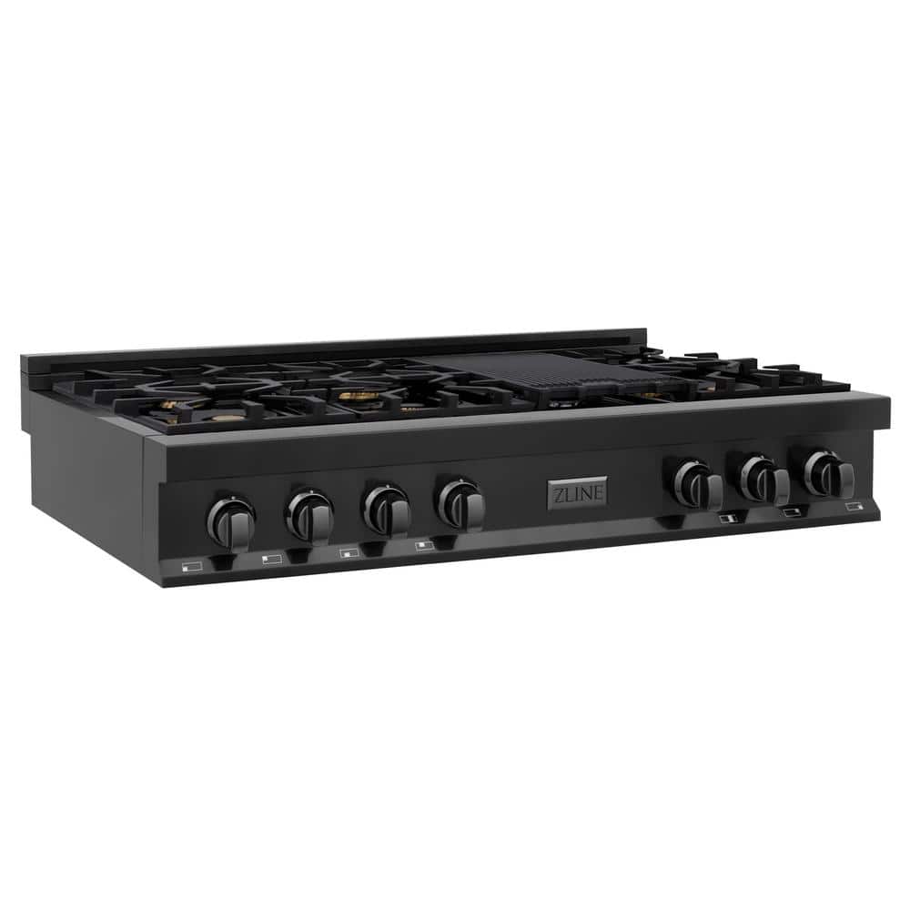 ZLINE Kitchen and Bath 48 in. 7 Burner Front Control Gas Cooktop with Brass Burners in Black Stainless Steel with Griddle