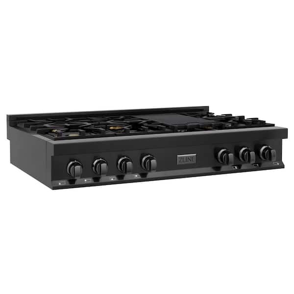 ZLINE Kitchen and Bath 48 in. 7 Burner Front Control Gas Cooktop with Brass Burners in Black Stainless Steel with Griddle