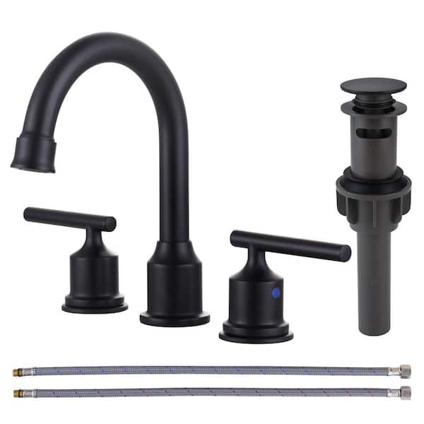 WOWOW 8 in. Widespread Double Handle Bathroom Faucet with Drain Kit in Matte Black