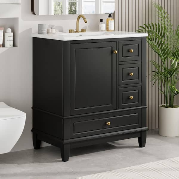 30 in. Single Sink Freestanding Black Bath Vanity with White Ceramic Top, Metal Hinges and Slide Rails
