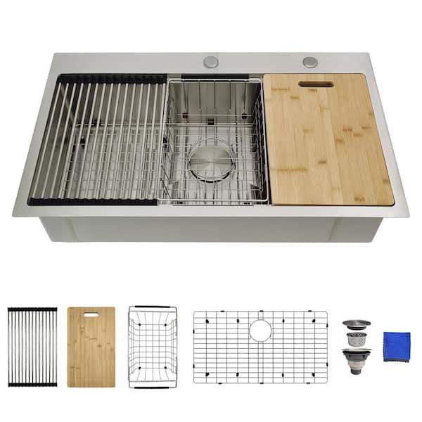 33 in. Drop-In Kitchen Sink-16-Gauge Stainless Steel Single Bowl, 33 x 19 Top Mount Sink with Accessories, Workstation