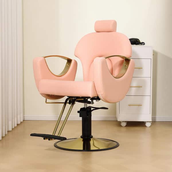 CSC DECOR INC Leather 360° Swivel Reclining Salon Chair with Heavy Duty Hydraulic Pump Styling Chair Adjustable Barber Chair in Pink