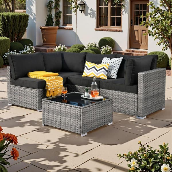 Sanibel Gray 5-Piece Wicker Patio Conversation Sofa Sectional Set with Black Cushions