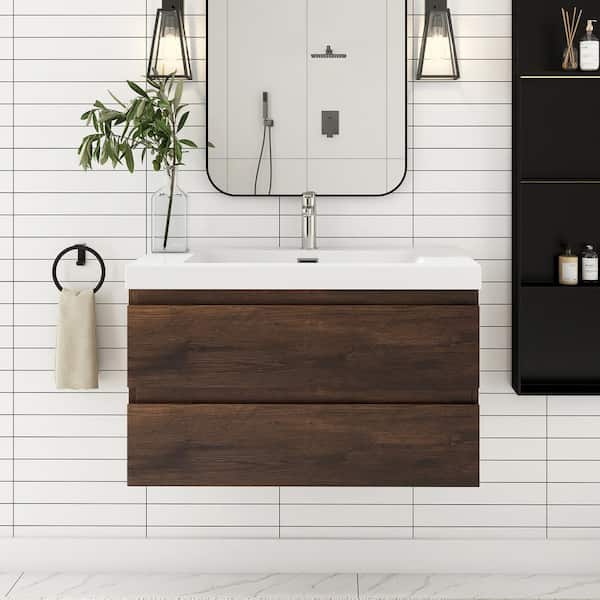 Staykiwi 35.5 in. W x 18.9 in. D x 21.7 in. H Single Sink Wall Mounted Bath Vanity in Rose Wood White Cultured Marble Top