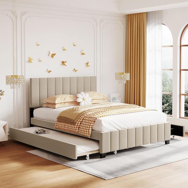 Harper & Bright Designs Beige Wood Frame Queen Size Velvet Upholstered Platform Bed with 2 Drawers and Twin XL Trundle