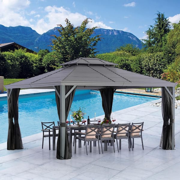 12 ft. x 14 ft. Light Gray Aluminum Hardtop Gazebo with Double Roof Canopy, Gray Curtains and Netting