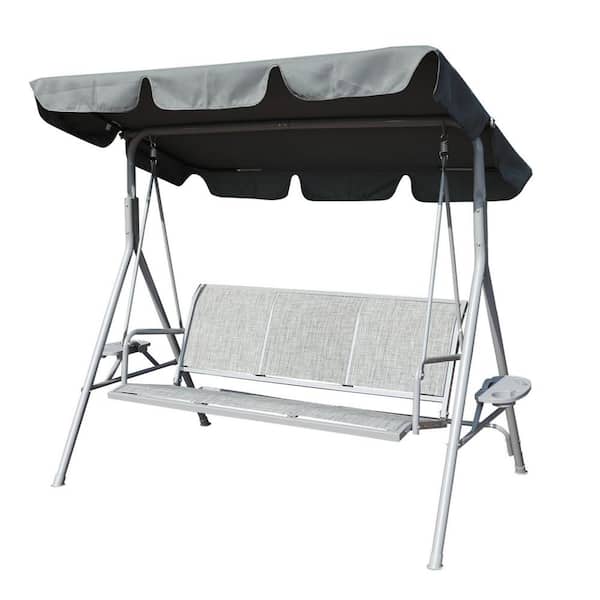 maocao hoom Gray 3-Person Metal Outdoor Patio Swing Chair with Canopy