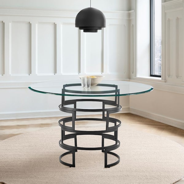 Armen Living Diaz Black Glass Top 48 in. Pedestal Base Dining Table Seats 4
