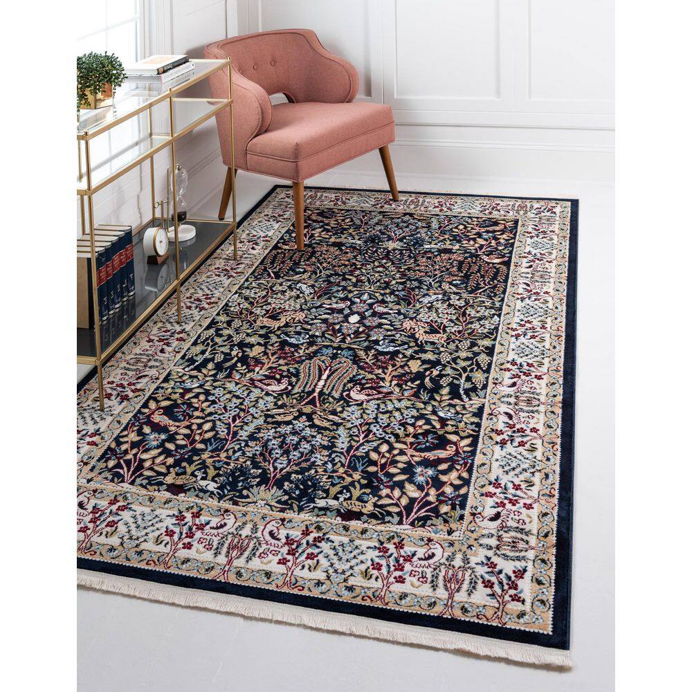 Navy Blue Floral Synthetic 8' x 10' Rectangular Area Rug
