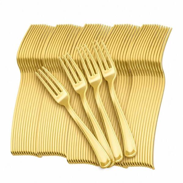 200-Piece Formal Plastic Kitchen Fork Set, 7.4 Inch Heavy Duty Forks, Gold Silverware Perfect For Parties and New Year