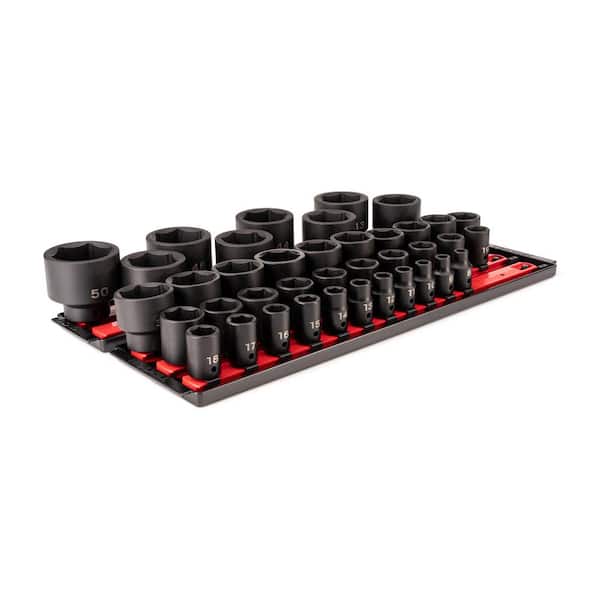 1/2 Inch Drive Shallow 6-Point Impact Socket Set with Rails and Tray, 39-Piece (8-50 mm)