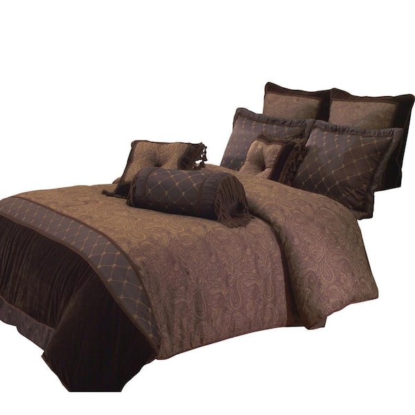Benjara 9-Piece Brown Solid Print Polyester Queen Comforter Set