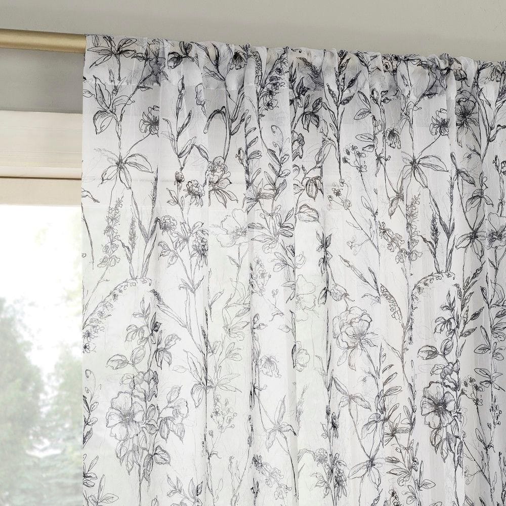 Black and White Floral Sheer Rod Pocket Curtain Panel 51" x 63"
