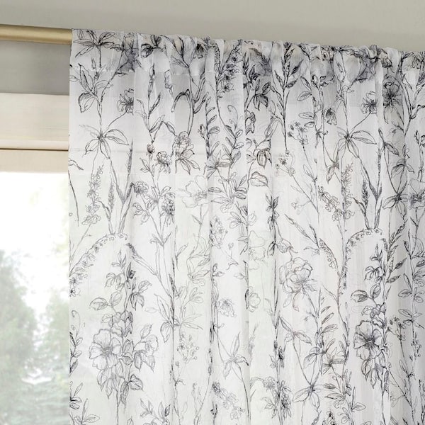 No. 918 Ambree Vintage Floral Black/White Polyester 51 in. W x 84 in. L Rod Pocket Sheer Curtain (Single Panel)