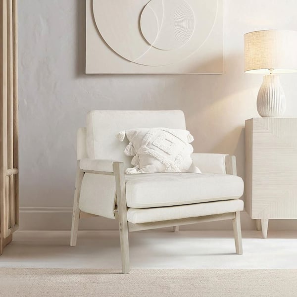 Naomi Cream Chenille Fabric Upholstery Solid Wood Accent Arm Chair