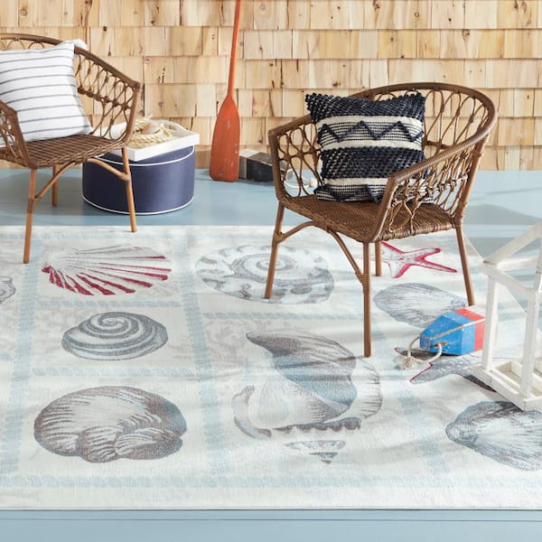 Marine Seashells Ivory/Blue 8 ft. x 10 ft. Indoor/Outdoor Area Rug