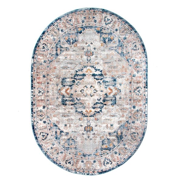 nuLOOM Josephine Winged Cartouche Grey 5 ft. x 8 ft. Oval Area Rug