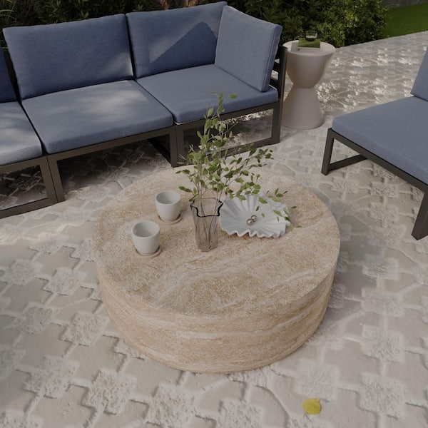 Milena 31.5 in. Wide Round Coffee Table in Fiberstone for Indoor and Outdoor Modern Accent Center Table in Travertine