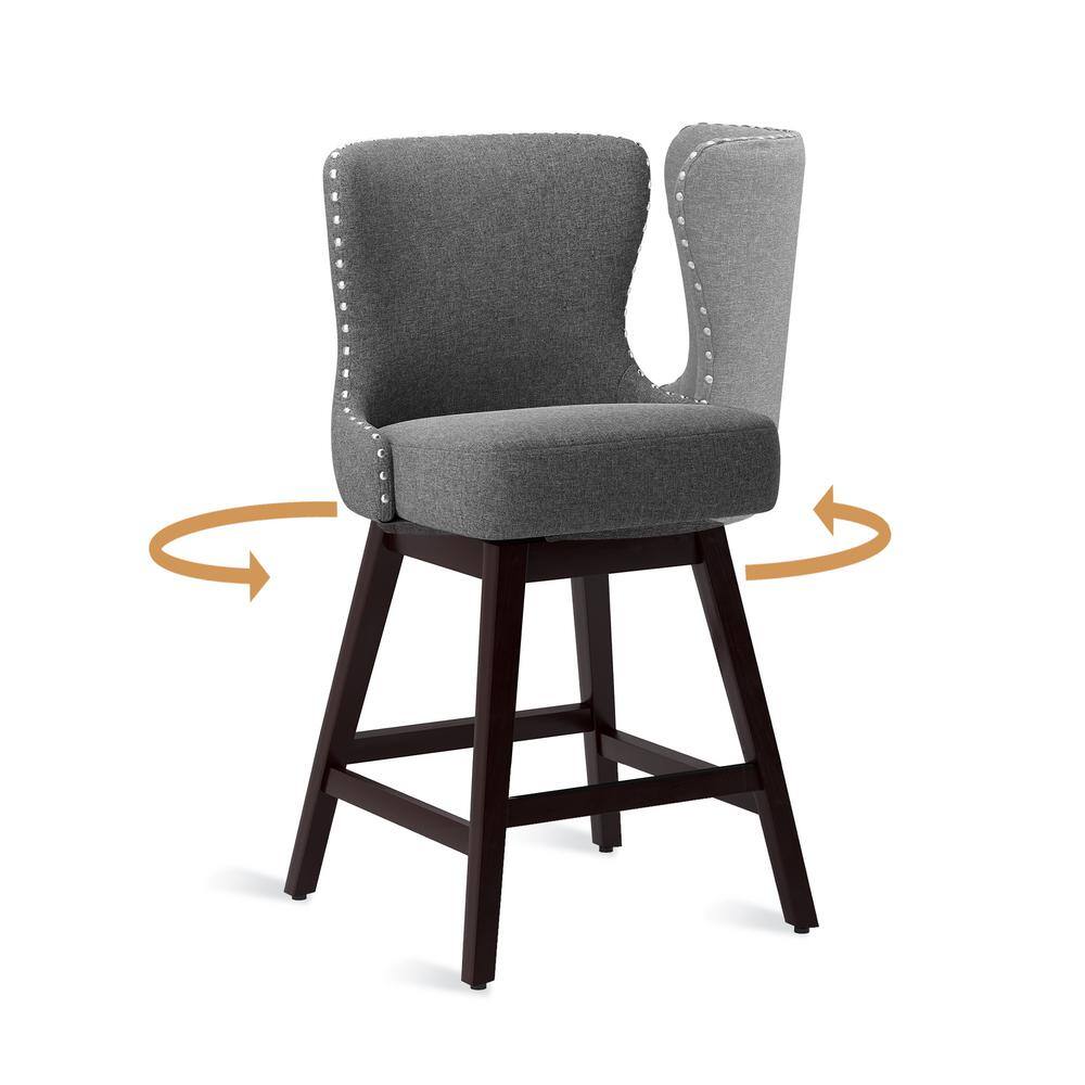 Gray Upholstered Swivel Bar Stools with Nailhead Trim, Set of 3