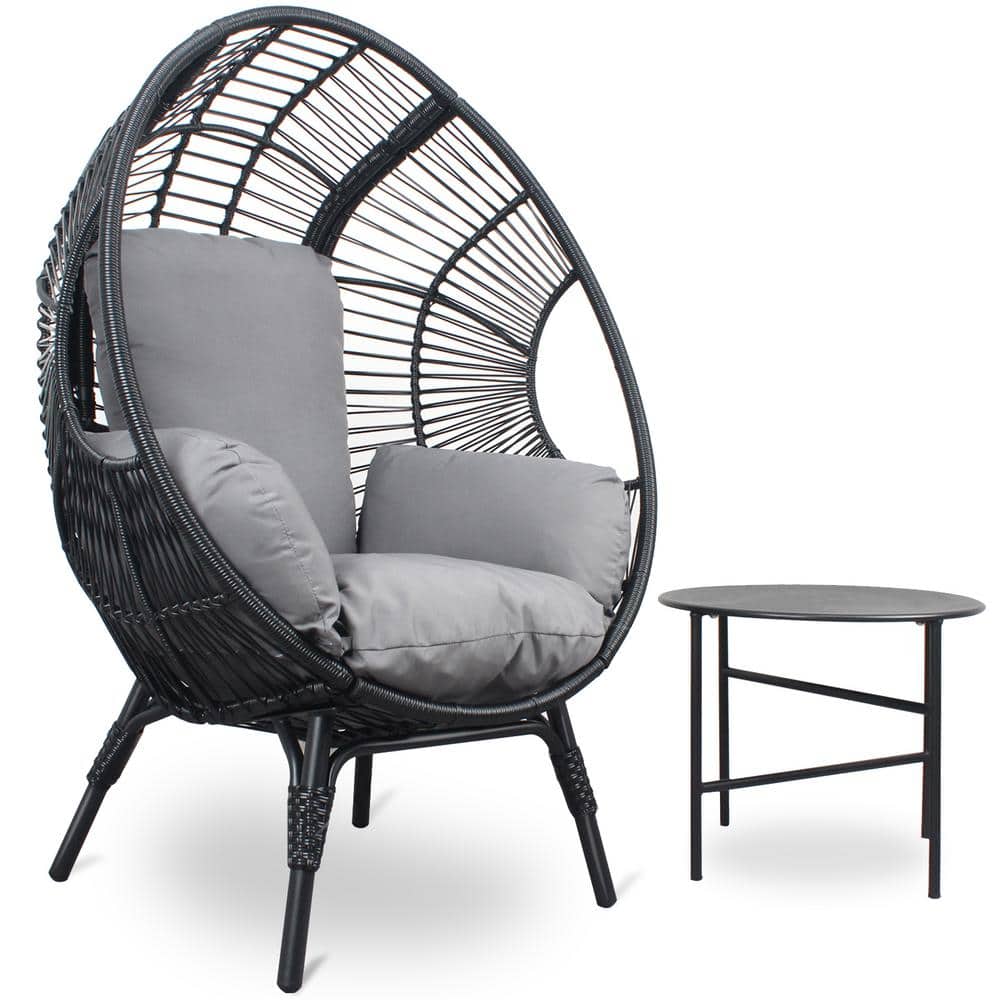 Black Wicker Patio Egg Lounge Chair with Grey Cushion and Side Table Water 