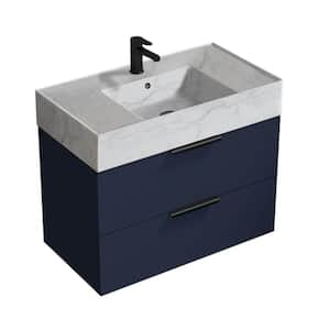 Derin 31.89 in. W x 17.32 in. D x 25.2 in. H Modern Wall Mounted Bathroom Vanity in Night Blue with White Ceramic Top