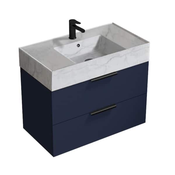 Nameeks Derin 31.89 in. W x 17.32 in. D x 25.2 in. H Modern Wall Mounted Bathroom Vanity in Night Blue with White Ceramic Top