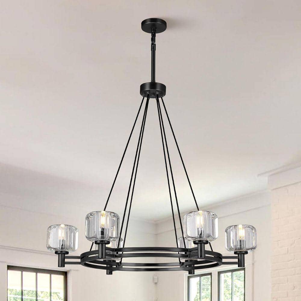 36 in. 6-Light Black Farmhouse Wagon Wheel Chandelier with Crystal Lampshade for Dining Room, Living Room Kitchen Island price history on PriceWatchPro