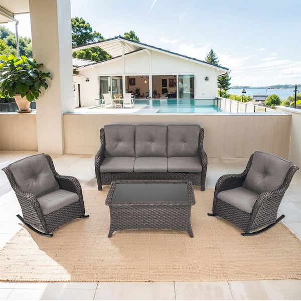 Carlos 4-Piece Brown Wicker Patio Conversation Set with Rocking Chairs, Outdoor Sofa Seating Set with Gray Cushions
