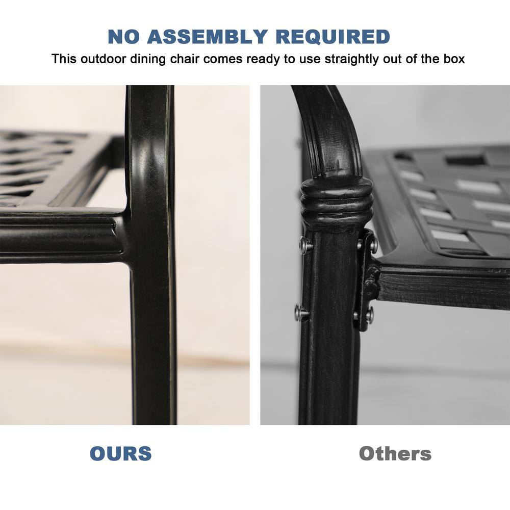 Set of 4 Black Cast Aluminum Outdoor Dining Chairs with Blue Cushions