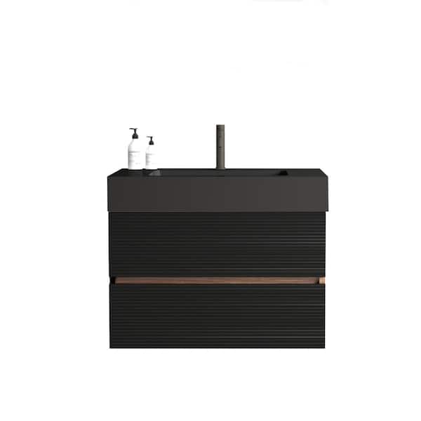 30 in. Wall Mounted Black Brown Bath Vanity with Black Solid Surface Top Unassembled