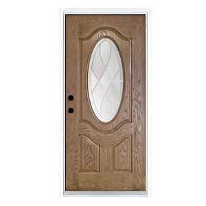 36 in. x 80 in. Medium Oak Right-Hand Inswing 3/4 Oval Decorative-Lite Zen Stained Fiberglass Prehung Front Door
