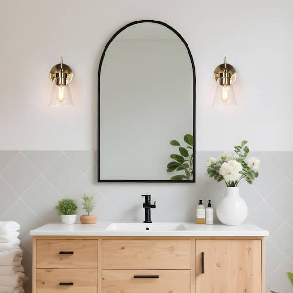 Transitional Plating Brass Bathroom Wall Sconce with Seeded Glass Shade, 1-Light Modern Bedroom Foyer Bell Wall Light