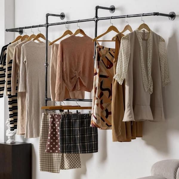 Black Wall Mounted Coat Rack, Industrial Metal Pipes Clothes Racks with 4 Hanging Rods, Closet Organizer Garment Racks