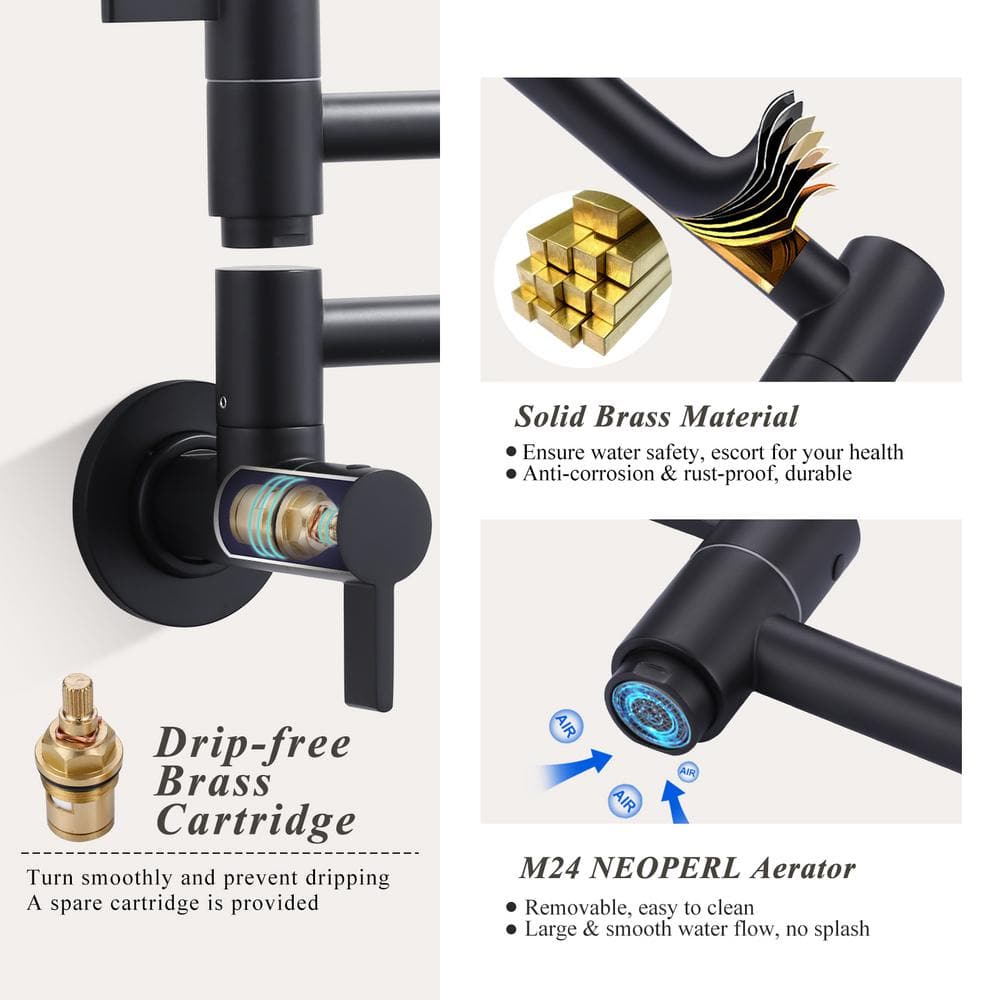 Matte Black Brass Wall-Mounted Pot Filler Faucet with Dual Handles