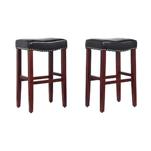 Jameson 29 in. Bar Height Cherry Wood Backless Barstool with Upholstered Black Faux Leather Saddle Seat Stool (Set of 2)