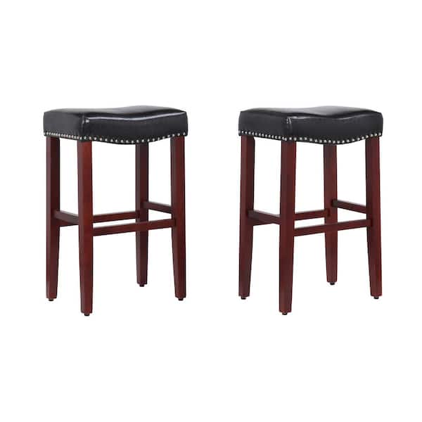WESTINFURNITURE Jameson 29 in. Bar Height Cherry Wood Backless Barstool with Upholstered Black Faux Leather Saddle Seat Stool (Set of 2)