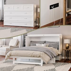 Northfield White Solid Wood Frame Queen Murphy Bed Chest with Mattress and Built in Charging Station